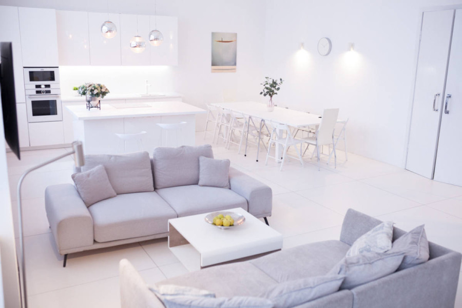 Белый минималистичный лофт с кухней и панорамными окнами (лофт МОНИКА)