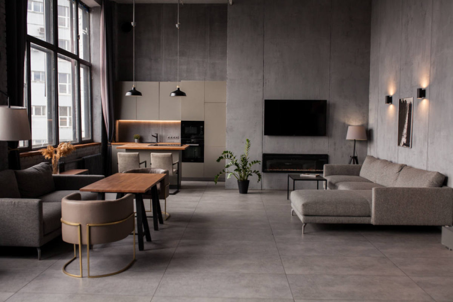 Серый минималистичный лофт с кухней (лофт РАЛЬФ)